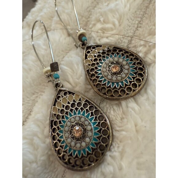 Boho Chic Teardrop Earrings With Turquoise & White Beads Antique Gold Finish Lig - Picture 3 of 5